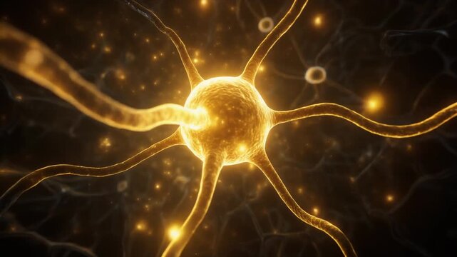 A neuron cell is illuminated with a golden glow amidst a complex network of neural connections, showcasing the intricate details of the human brain's functionality in a 3D visualization.