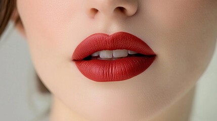 Fototapeta premium Stunning Portrait of a Model with Sensual Red Lips and Artistic Makeup in Glamorous Beauty Style