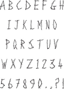 Handwritten typography font lettering ABC twig wood log tree vector text