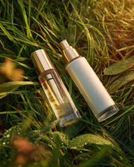 Natural Cosmetic Bottles on Green Grass Organic Skincare Concept