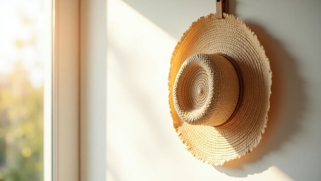 Sombrero de paja tejido a mano colgado en una pared blanca con una suave luz natural filtr&aacute;ndose a trav&eacute;s de una ventana cercana