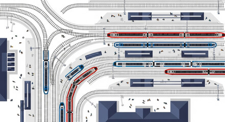 Aerial view of a busy train station with multiple tracks and platforms. © Efan
