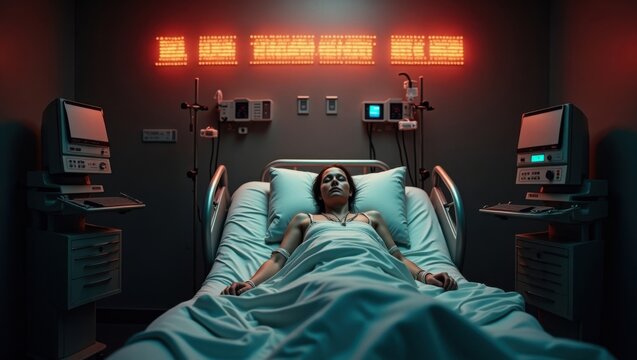 Habitaci&oacute;n de hospital iluminada por luces de advertencia, que simbolizan la resistencia emergente de las bacterias en entornos m&eacute;dicos est&eacute;riles