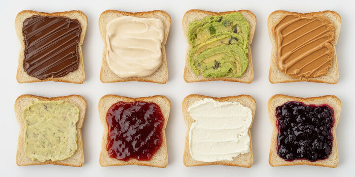 Various toast with different spreads bread chocolate