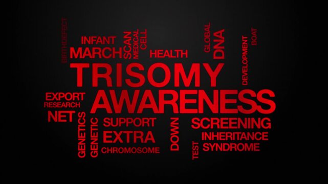 Trisomy awareness concept Animated Tag Word Cloud kinetic typography, Text Design Animation typography seamless loop video motion graphics Intro Wordart down syndrome red type on black background bg b