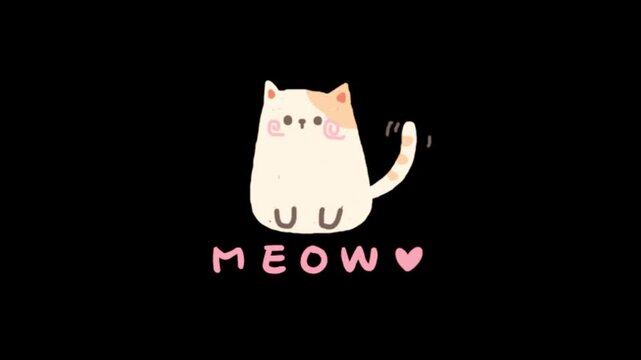 Cute Animated White Cat Waving Tail with Pink Meow Text on Black Background