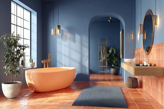 A bathroom with blue walls and wooden floors