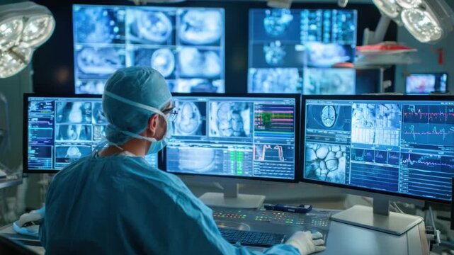 Medical professional in the modern operation room: A medical professional, skillfully navigates through a complex array of information displayed on the screens of a modern operating room.