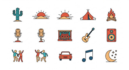 Colorful music and travel icons set with guitar microphones campfire and car on white background for festival and adventure themes © Rashid