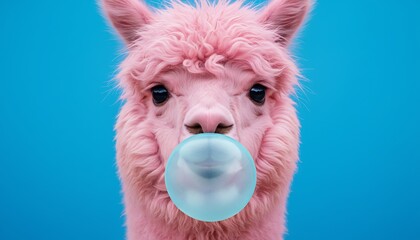 Obraz premium Pink alpaca blowing blue bubble gum, funny animal portrait on bright background