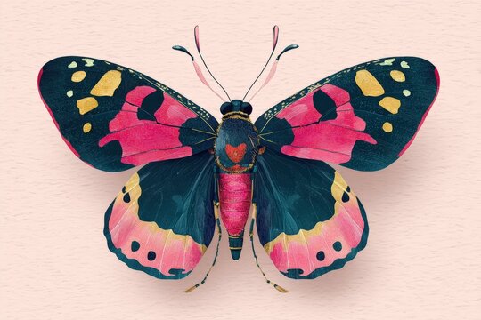 A pink butterfly with a black and yellow butterfly on it ' s wings