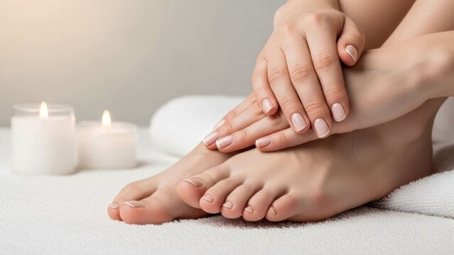 Close-up of hands and feet with perfect manicure and pedicure, candles