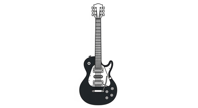 Black electric guitar with white accents and six strings musical instrument illustration