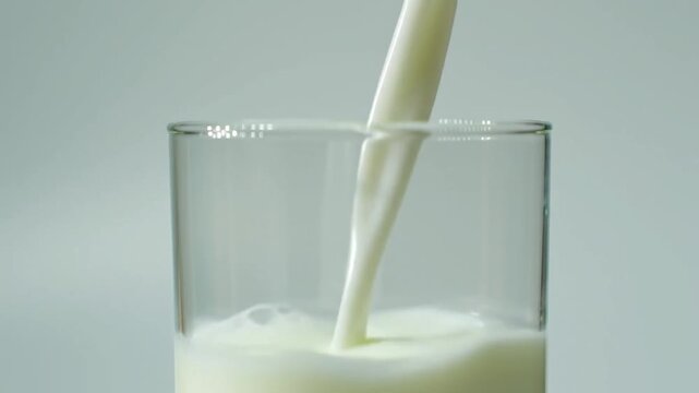 Fresh dairy milk poured in slow motion into a clear drinking glass on a white backdrop.