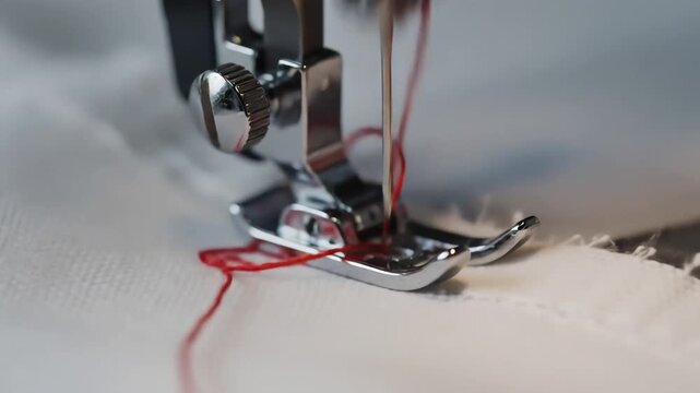 Closeup of a sewing machine needle and red thread stitching fabric.