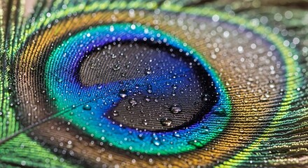 Macro shot of peacock feather texture with sparkling water droplets, vibrant iridescent colors and detailed natural pattern.