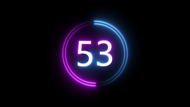 A dynamic circular animation, and glowing count neon number 53 animation . on a black background. and creating a stunning 4k video.