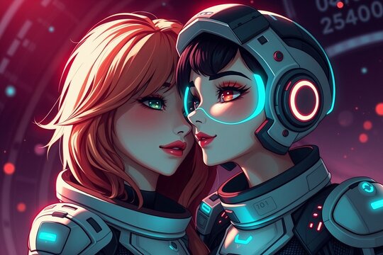 Zwei Astronautinnen in Raumanz&uuml;gen blicken sich in einem futuristischen Cockpit sehr liebevoll und innig an