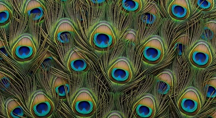 Peacock feather pattern background with multiple layered feathers, vibrant iridescent colors creating decorative natural texture.