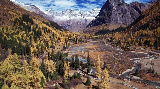 Shuangqiaogou Valley Autumn Landscape with Snow Peaks and River