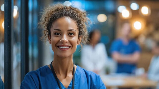Smiling Healthcare Professional: A radiant and confident healthcare professional gazes directly at the viewer, her warm smile exuding a sense of care and assurance.