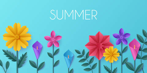 Obraz premium 3D spring paper flower vector background. Blooming origami meadow with green grass, cheerful papercut border for seasonal designs, summer cute garden landscape, floral backdrop