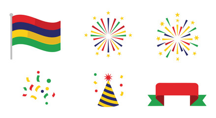 Fototapeta premium Mauritius independence day celebration icons with flag fireworks confetti and party hat