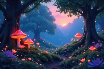 Obraz premium A mystical garden at twilight, glowing flora, whimsical mushrooms, sparkling dew, and fireflies dancing among ancient trees An ethereal, dreamlike atmosphere , sprite, toadstools