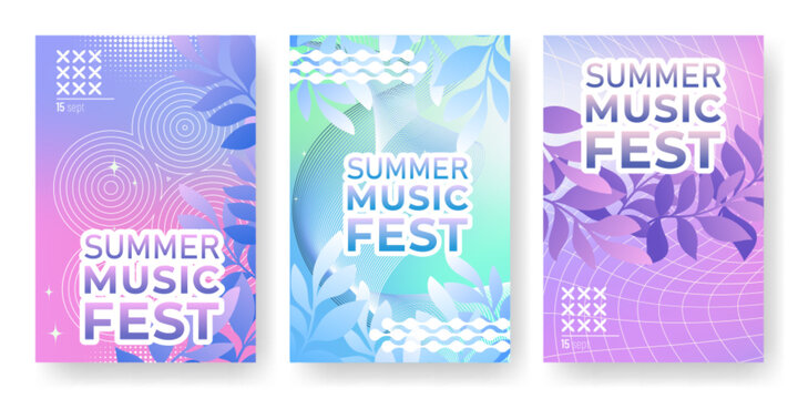 Y2k summer music fest posters set. Vector realistic illustration of colorful retro banners with floral pattern and abstract wireframe line shapes on pink, green, purple background, art festival flyer