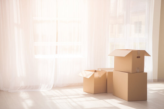 Bright Empty Room with Moving Boxes Near Window, Relocation Home Interior Background with Copy Space