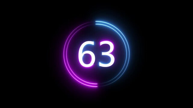 A dynamic circular animation, and glowing count neon number 63 animation . on a black background. and creating a stunning 4k video.