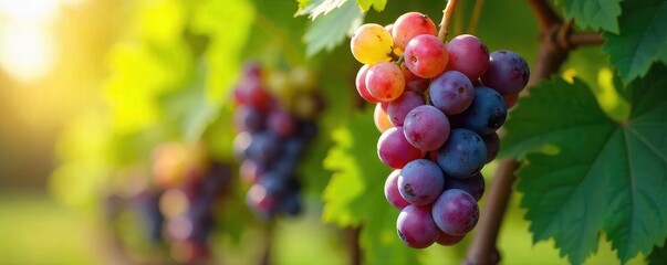 Close-up of plump, sun-drenched wine grapes hanging on the vine, ready for harvest  Vibrant green and purple hues showcase the ripeness and sweetness ,  vitamin,  wine