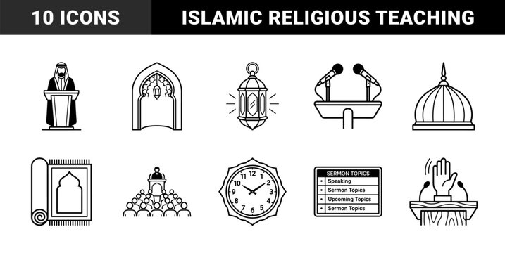 Islamic religious sermon and community prayer elements for mosque educational materials. Technical monoline pictograms featuring khutbah, minbar, and ramadan cultural symbols.