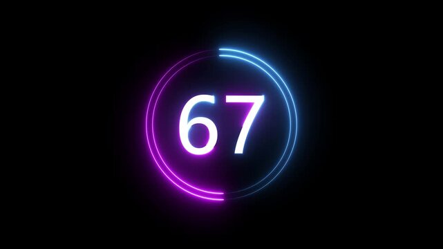 A dynamic circular animation, and glowing count neon number 67 animation . on a black background. and creating a stunning 4k video.