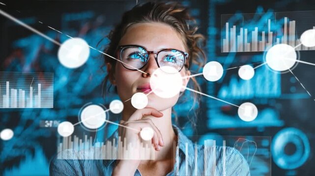 Visionary's Gaze: A thoughtful woman with glasses immersed in a futuristic interface, representing innovation, digital analysis, and technological foresight.