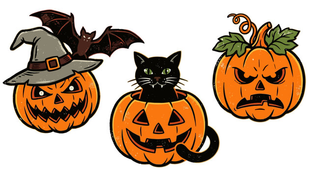 Three carved pumpkins with spooky faces one wearing a witch hat with a bat another holding a black cat halloween jack o lantern scary autumn fall decoration holiday october