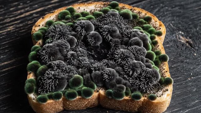 Closeup Of Mold Spreading On Sandwich Bread. Detailed View Of Fungal Colonies Developing On Bread Slice. High Contrast Macro Exposure Showing Mold Expansion And Spore Dispersal On Bread