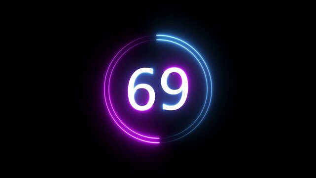 A dynamic circular animation, and glowing count neon number 69 animation . on a black background. and creating a stunning 4k video.