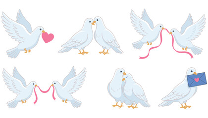 Obraz premium A collection of charming white doves depicted in various symbolic gestures conveying love and peace such as carrying hearts ribbons and envelopes pigeons birds romance message