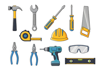 Naklejka premium Collection of illustrated hand tools and safety gear on a white background