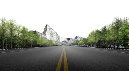 Fototapeta premium road in the mountains/Empty highway leading toward mountain landscape with green trees on both sides, scenic nature road with strong perspective and copy space.