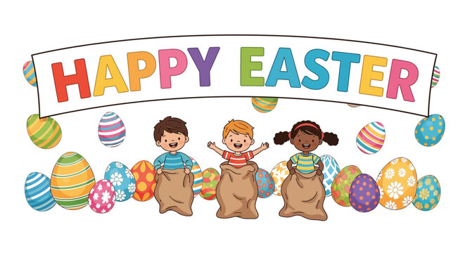Happy Easter vector graphic of diverse children enjoying a sack race with colorful eggs and festive banner.