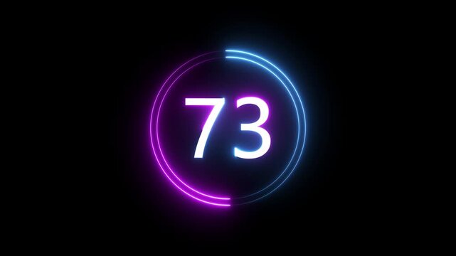 A dynamic circular animation, and glowing count neon number 73 animation . on a black background. and creating a stunning 4k video.