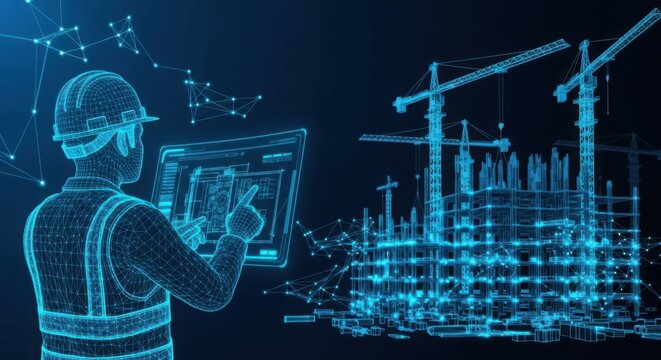 A construction worker in a hard hat uses a tablet to examine a digital blueprint of a building site with cranes and scaffolding