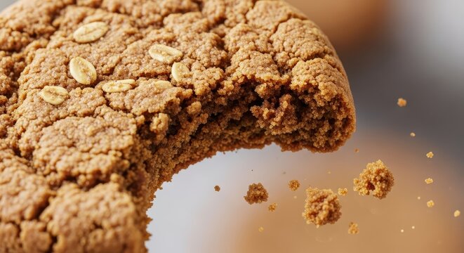 Close-up of a partially eaten brown oatmeal cookie showing crumbs and texture. A sweet snack indulgence, indicating quick appetite satisfaction, sugary, unfinished, biscuit