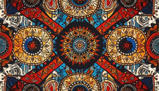 Symmetrical kaleidoscopic pattern with radiating concentric circles and angular patterns in warm and cool colors