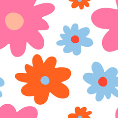 Groovy Daisy Abstract Flowers Seamless Floral Pattern. Background in 1970s Hippie Retro Style in pink, blue, and orange colors for print on textiles, wrapping paper, web design, and social media.