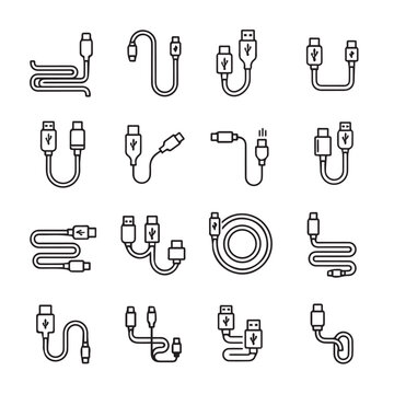 USB Cable Icons Collection Various Types and Configurations Line Art Style