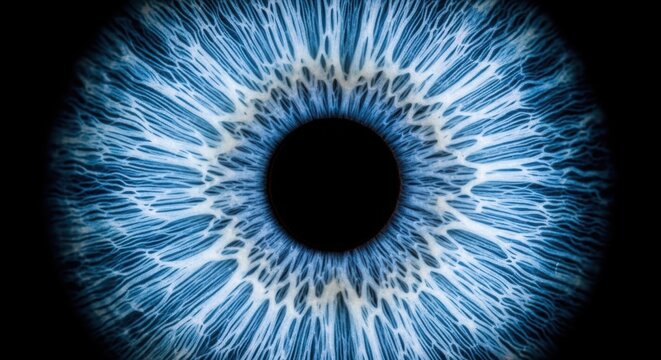 A close-up view of a blue human eye with intricate details