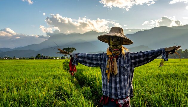 Straw scarecrow in a vivid green rice field with mountains and a cloudy blue sky in the background